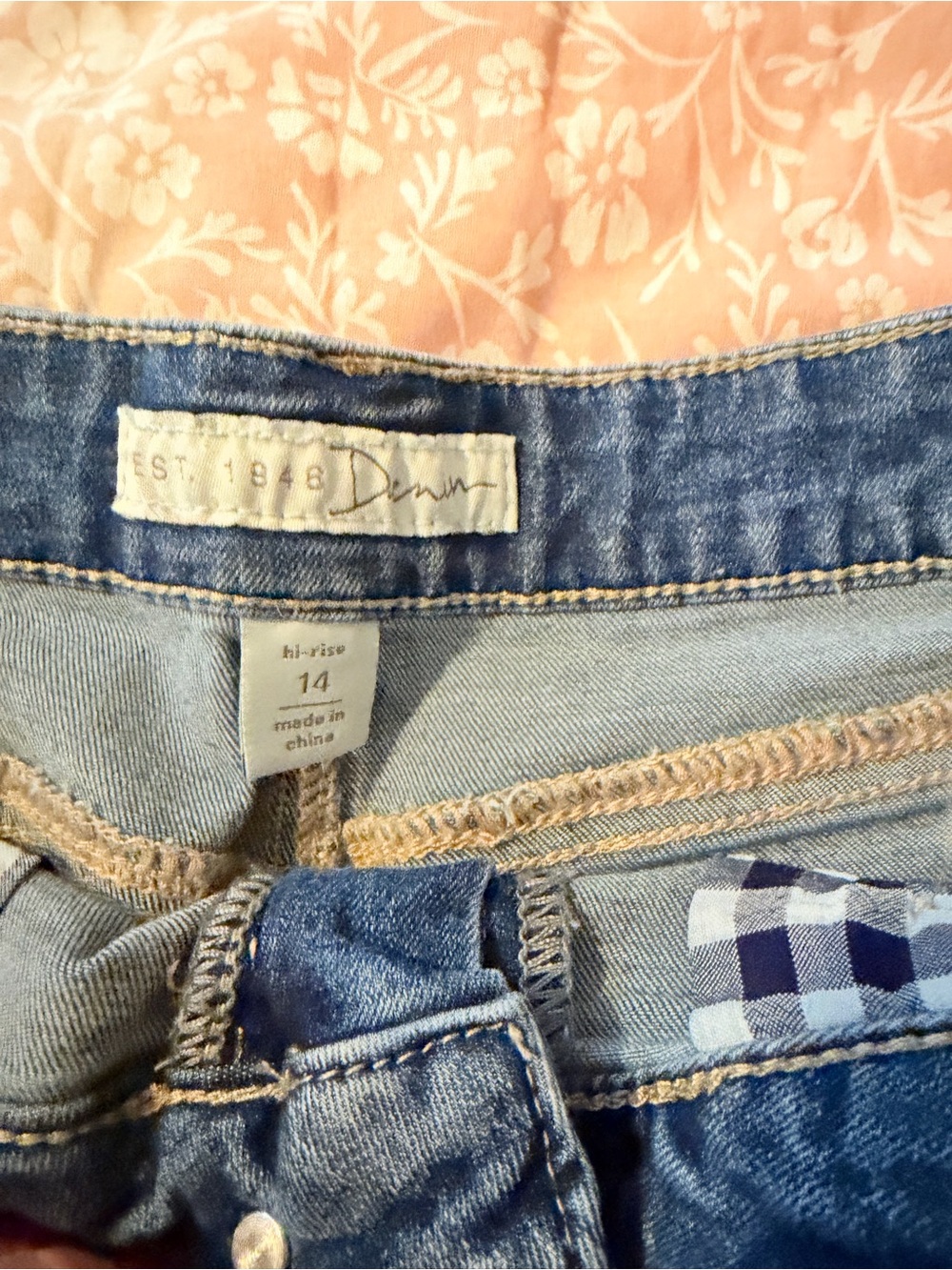 Cato Light Blue Distressed Denim Shorts with Gingham Trim - Picture 2 of 5